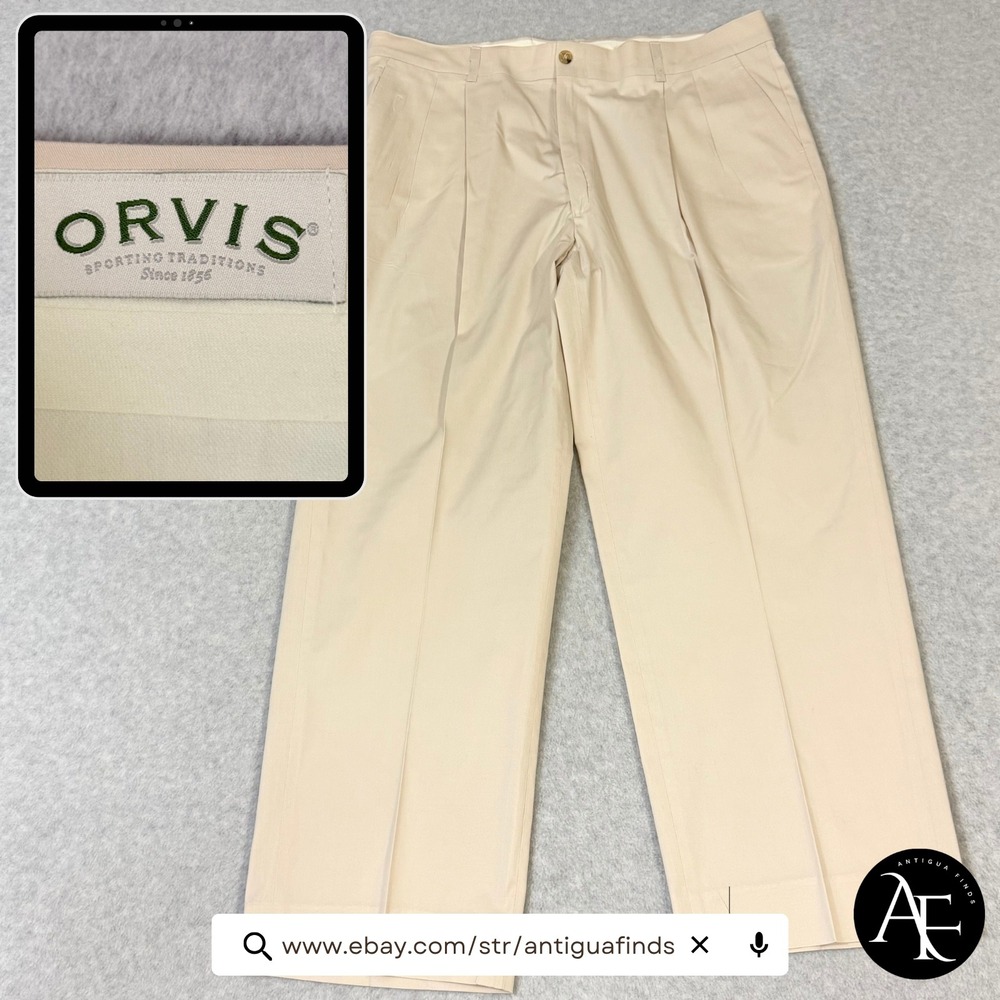 Orvis Sporting Traditions Mens 38 Pleated Chino Pants Beige Tan Made in USA